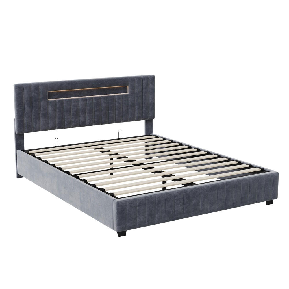 POLSTERBETT 140x200 cm mit LED-Kopfteilbeleuchtung und hydraulischem Bettkasten - ohne Matratze - Grau - Grau, Textil (140/200cm) - DELFA