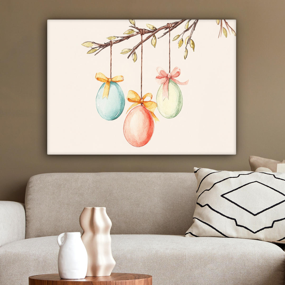 LEINWANDBILD Osterkuchen - Schleife - Eier Wandbilder 80x60 cm - Creme, Textil (80/60cm) - MuchoWow