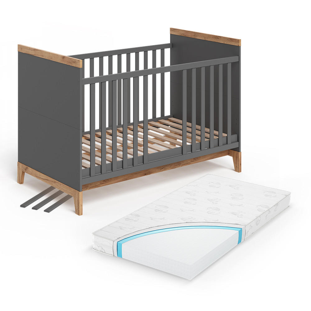 BABYBETT Malia Grau/Artisan 70x140 cm mit Matratze - Hellgrau/Grau, Holzwerkstoff - VitaliSpa