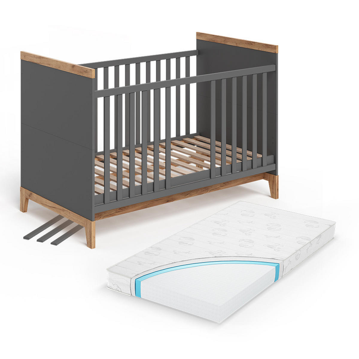 BABYBETT Malia Grau/Artisan 70x140 cm mit Matratze - Hellgrau/Grau, Holzwerkstoff - VitaliSpa