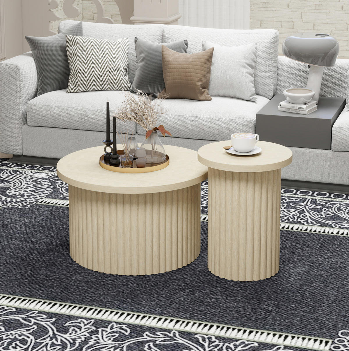 COUCHTISCH Set 2-teilig rund in natürlicher Holzoptik mit Wellenstruktur 68,7 cm und 40,1 cm - Naturfarben, Holzwerkstoff (68.7/68.7/40.6cm) - OKWISH