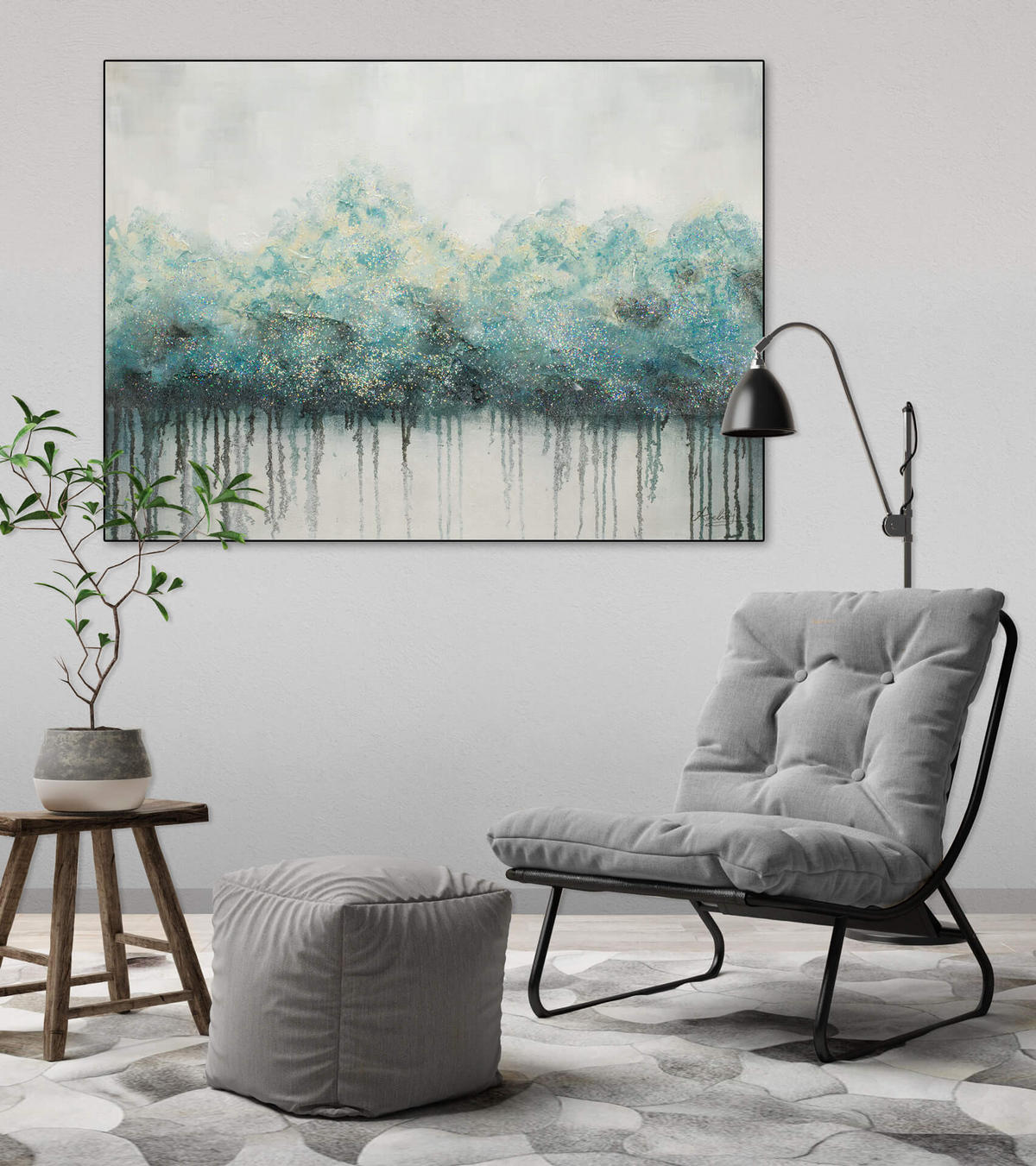 OLEJOMAĽBA 100/75 cm, Príroda a krajina - sivá/tyrkysová, drevo/textil (100/75cm) - KUNSTLOFT