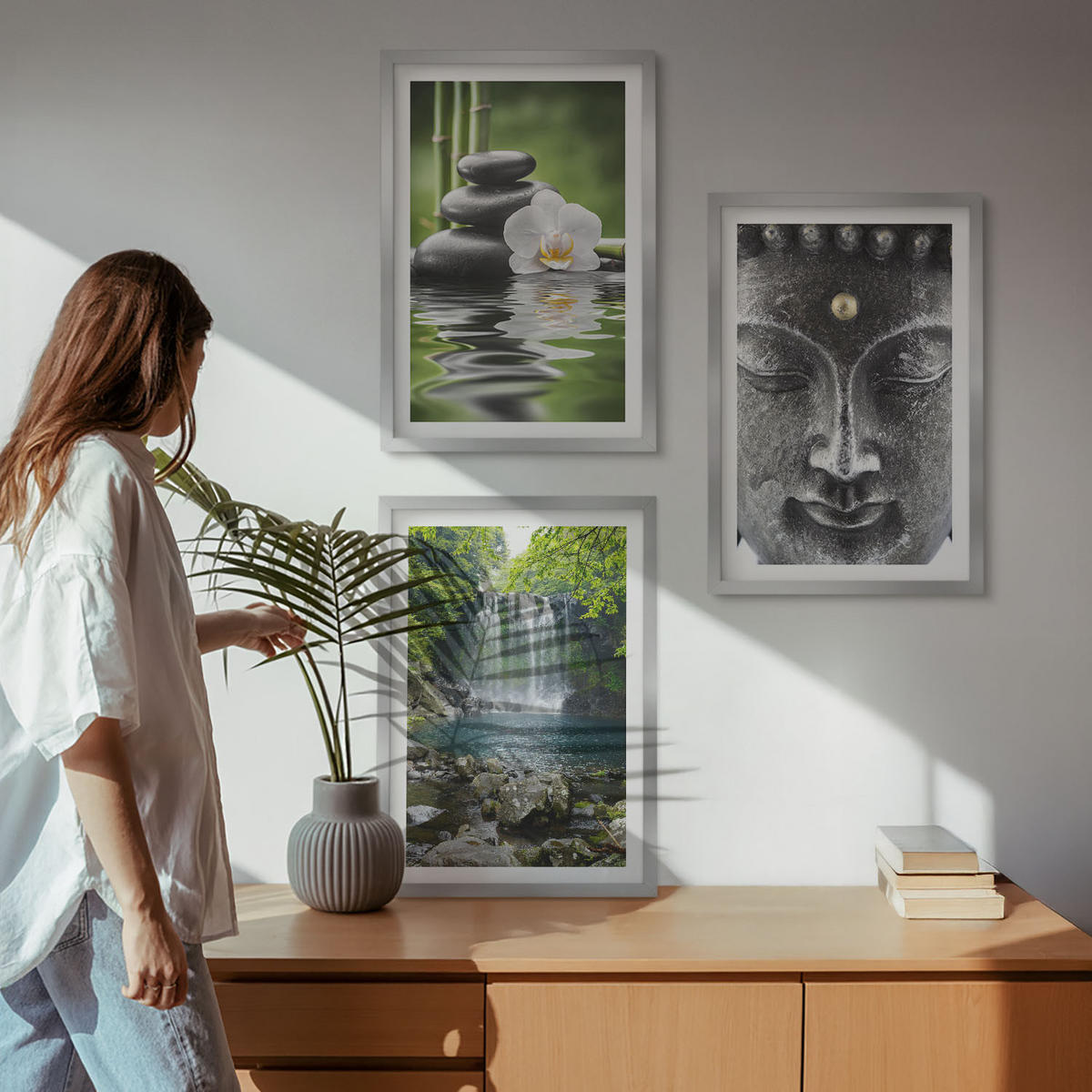 BILDER SET 3er Set - 40x60 cm Silberner Rahmen - Harmoniesteine Wasser Buddha - Silberfarben, Kunststoff (40/60cm) - TULUP