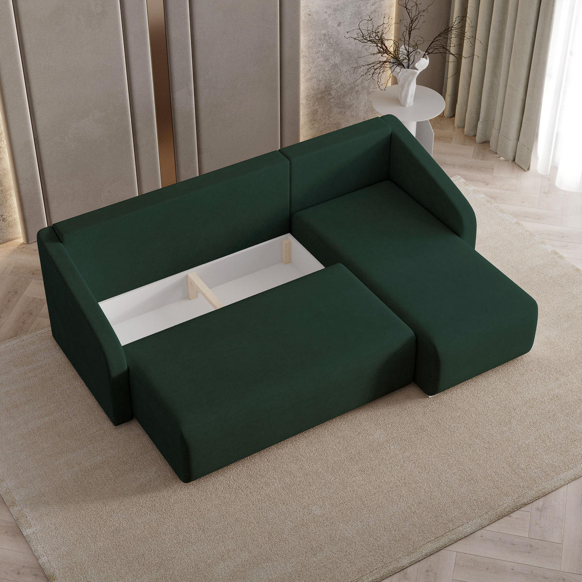 ECKSOFA MARELLO Grün Geflochtener Stoff mit Schlaffunktion - Grün, Holz (220/143cm) - MASSENO