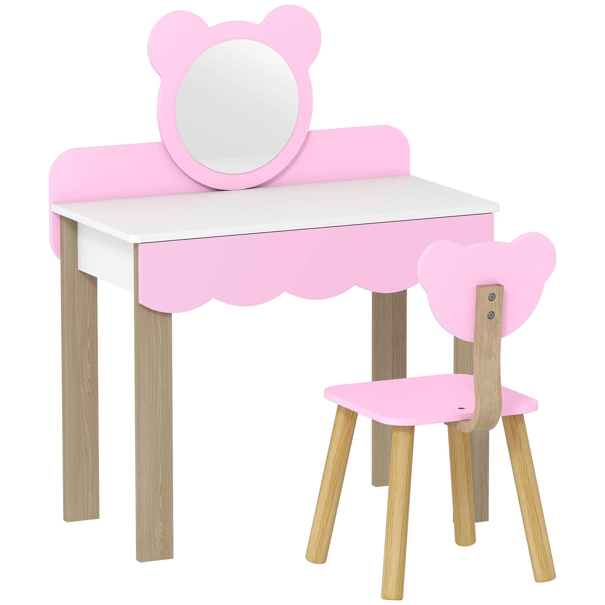 KINDER Schminktisch Set Frisiertisch mit Hocker Spiegel Schubladen Kosmetiktisch - Rosa/Naturfarben, Holzwerkstoff (35/86/68cm) - AIYAPLAY