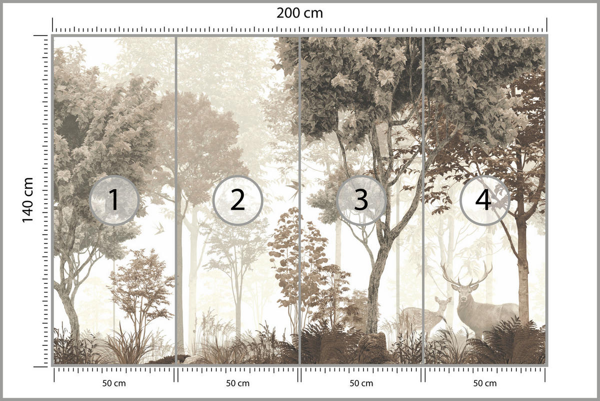 FOTOTAPETE für Esszimmer Vintage Wald Bäume Hirsche 200x140 - Gelb/Beige, Papier (200/140cm) - Muralo