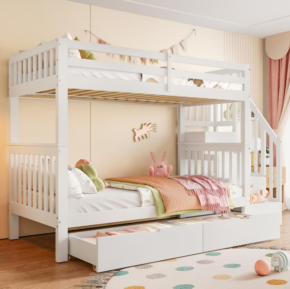 ETAGENBETT 90/200 cm Weiß mit Treppenregal und 2 Schubladen - Weiß, Holz (90/200cm) - Flora Grace