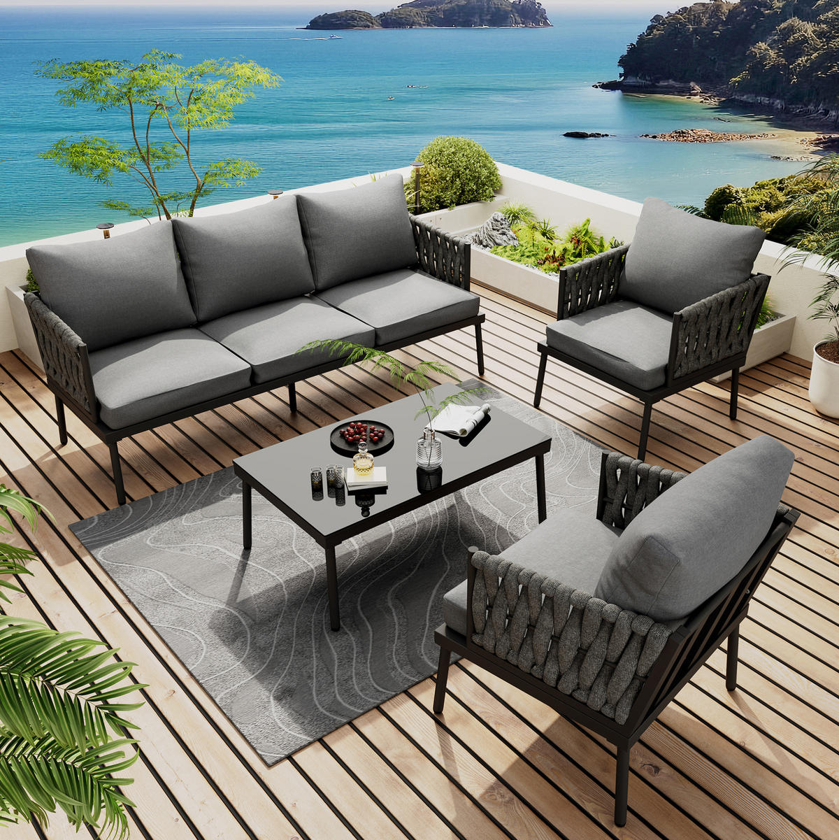 GARTENLOUNGE-SET 4-teilig mit 3-Sitzer-Sofa, 2 Sesseln, Glastisch und Seilarmlehnen aus verzinktem Stahl, Grau - Grau, Textil - Redom