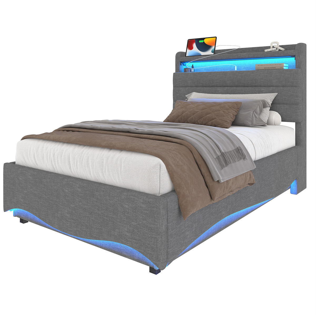 POLSTERBETT 90/200 cm Grau aus Leinen mit Stauraum, LED und USB-Anschlüssen - Grau, Textil (90/200cm) - Flora Grace