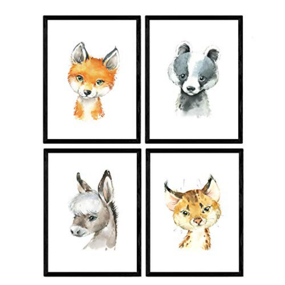 POSTER Set mit 4 Waschbär Fuchs Esel und Leopard A4 Rahmenlos - Klar, Papier (29.7/3cm) - Nacnic