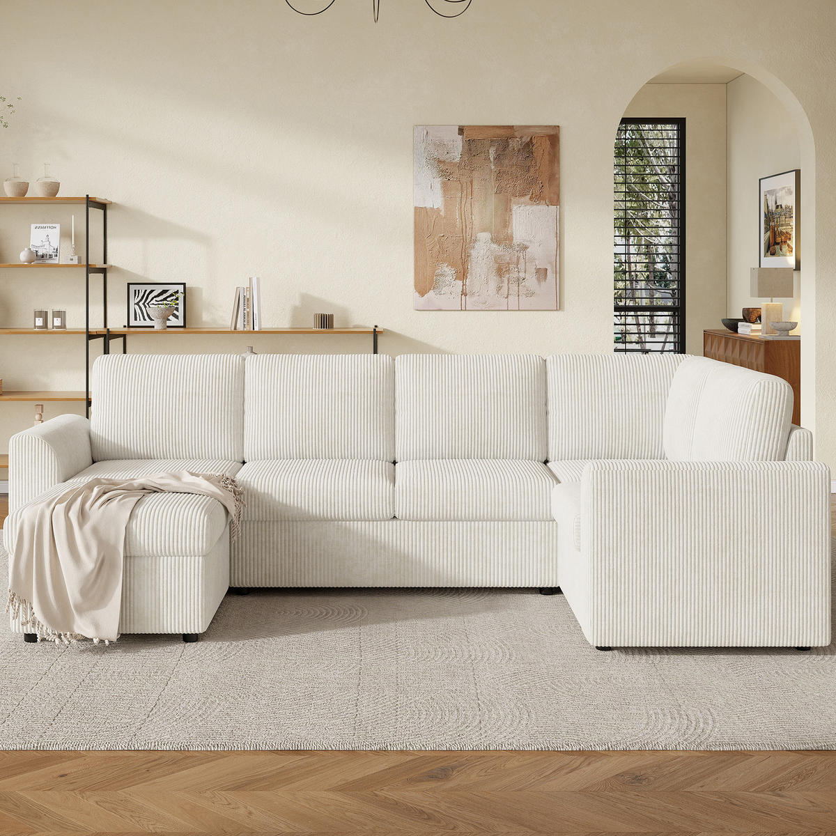 SOFA Beige L-Form Cord Ecksofa Hocker Schaumstoff 282cm - Beige, Textil (40/82/160cm) - FLIEKS