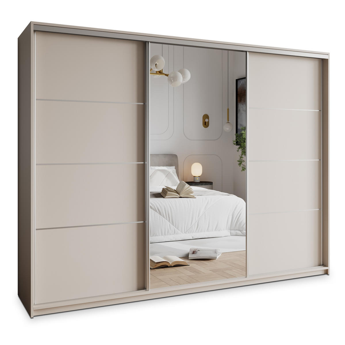 SCHWEBETÜRENSCHRANK VARO 270/205/60 cm 3-türig mit Spiegel Kaschmir - Kaschmir, Holzwerkstoff (270/205/60cm) - MASSENO