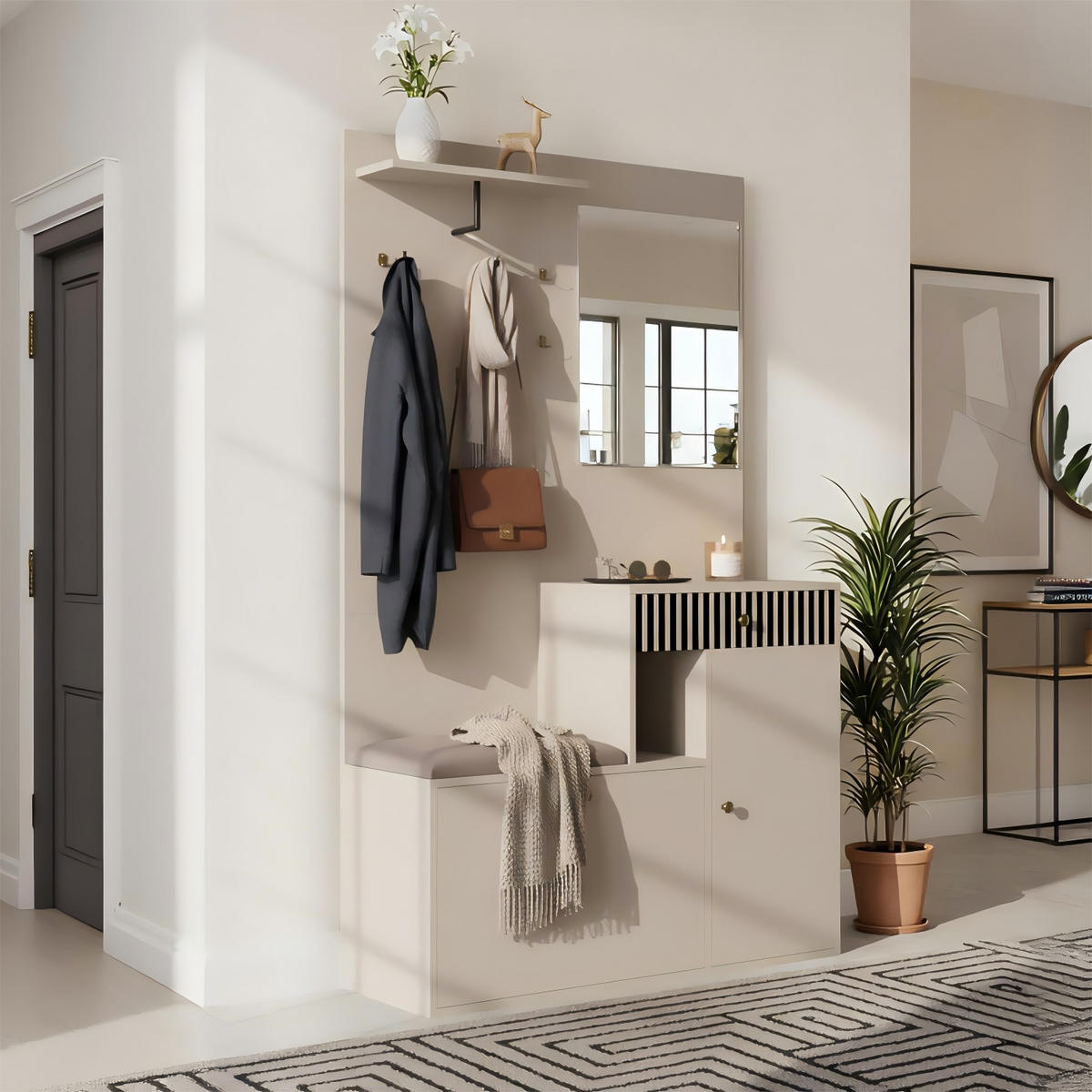 GARDEROBE FÜR FLUR - kombischrank mit Spiegel, Sitzbank und Stauraum - Beige, Glas/Holzwerkstoff (110/185.5/37cm) - Urban Meuble