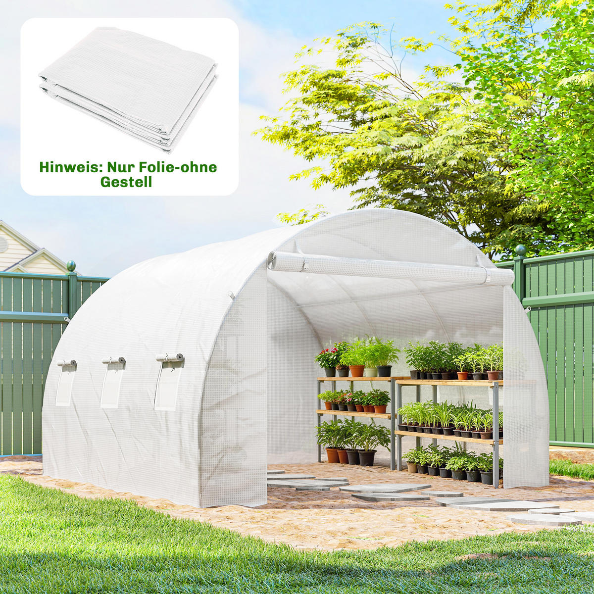 GEWÄCHSHAUSFOLIE DE-05797 mit Rolltür und 6 Fenstern 3 × 3 × 2 m Weiß - Weiß, Kunststoff (300/200/300cm) - ComfortXL