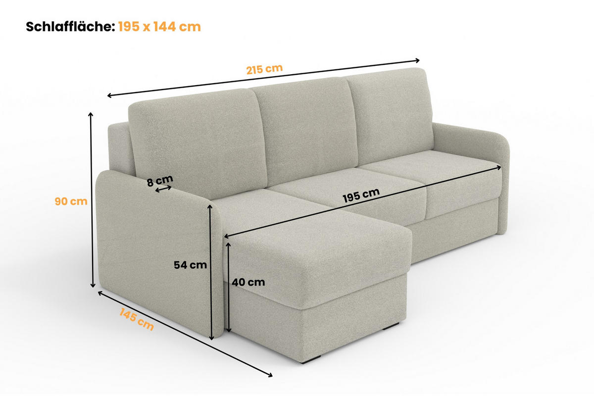 ECKSOFA BIANCO 215 cm breit in Boucle Hellgrau rechts - Hellgrau, Holzwerkstoff/Textil (215/145cm) - Deine Möbel 24