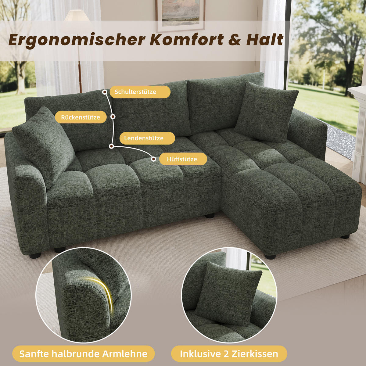 ECKSOFA 204/127/82.5 cm Grün Chenille mit 2 Zierkissen - Grün, Kunststoff/Textil (204/127cm) - Oxeza