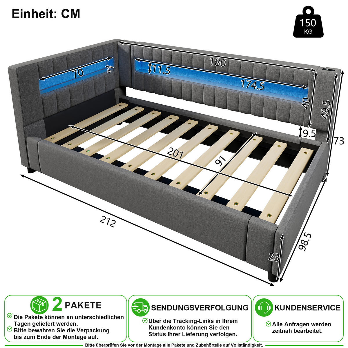 SCHLAFSOFA 90/200 cm in Grau mit LED, USB, Type-C und Stauraum aus Leinen - Grau, Holzwerkstoff/Textil (90/200cm) - CHICFURN