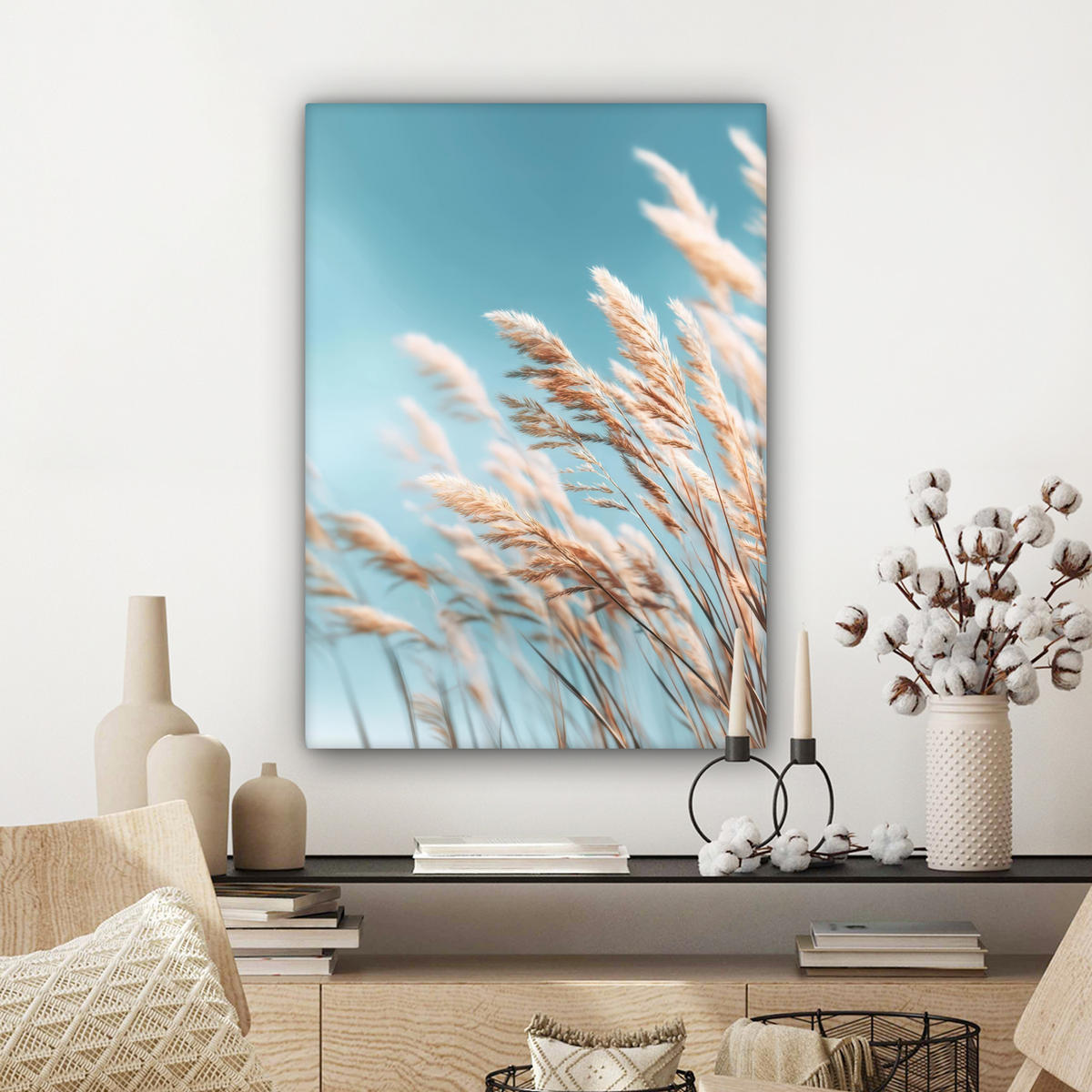 LEINWANDBILD Ziergras - Wind - Hellbraun Wandbild Wohnzimmer 60x80 cm - Hellblau, Textil (60/80cm) - MuchoWow
