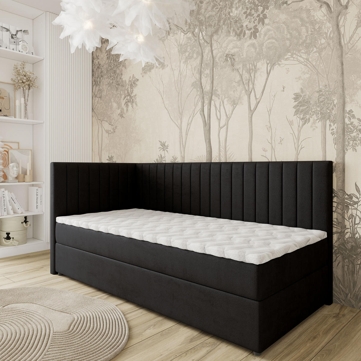 BOXBETT ARIS 80x200 cm mit Matratze und Topper, H2+H3 - Schwarz - Schwarz, Holz (80/200cm) - MASSENO