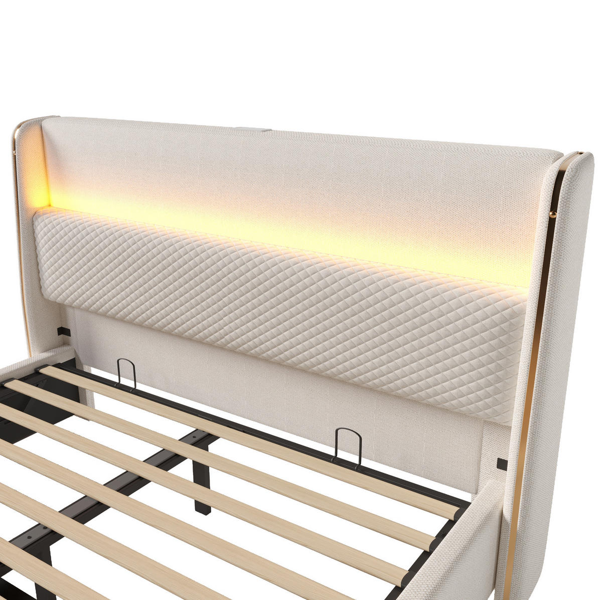 POLNJENA postelja iz lanu 160x200 cm bež z LED osvetlitvijo, USB/Type-C priključki in hidravličnim predalom - bež, tekstil (160/200cm) - Modfu