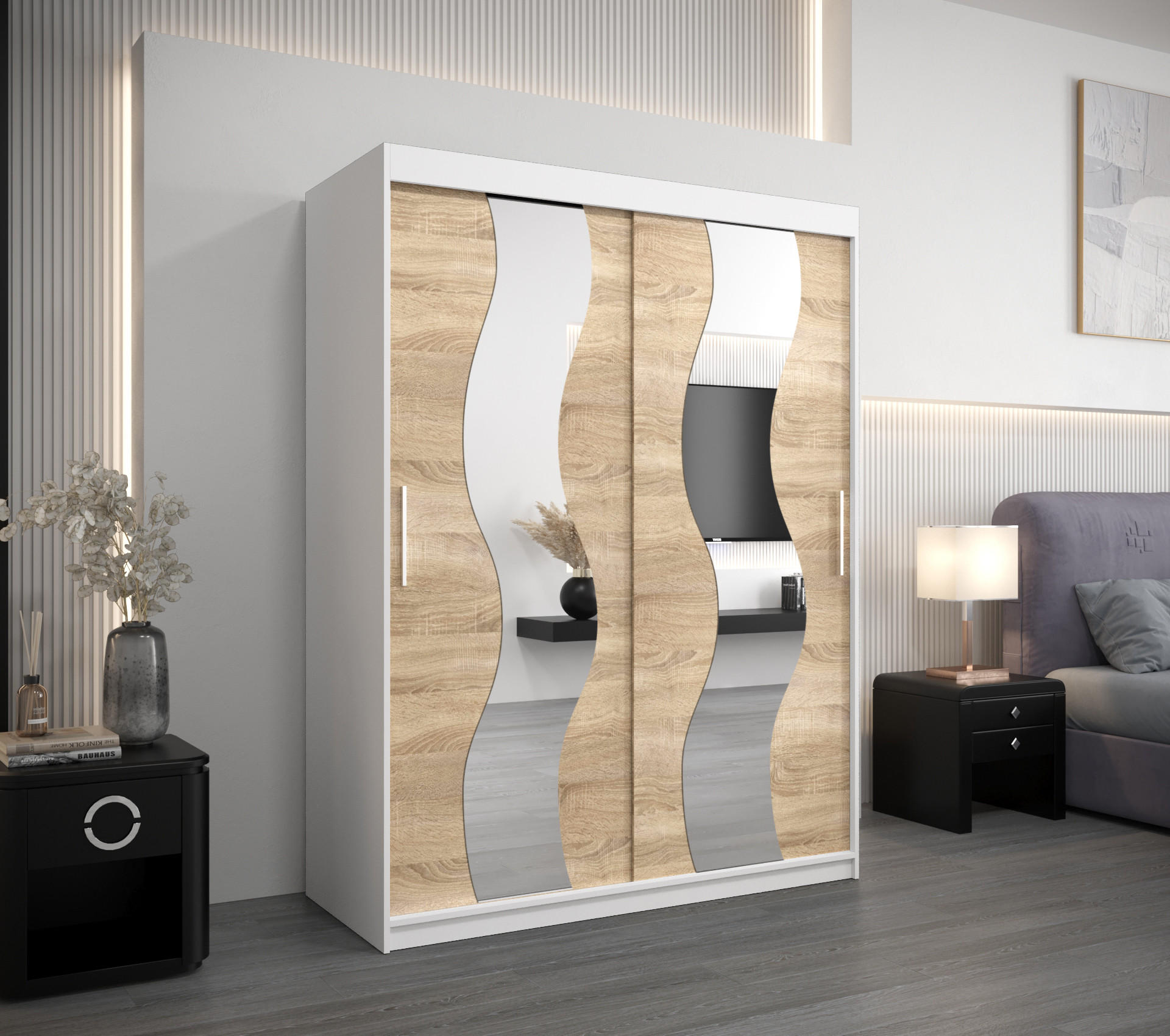 SCHWEBETÜRENSCHRANK 200/150/62 2-türig - Silberfarben/Weiß, Holz/Kunststoff (150/200/62cm) - Abiks Möbel