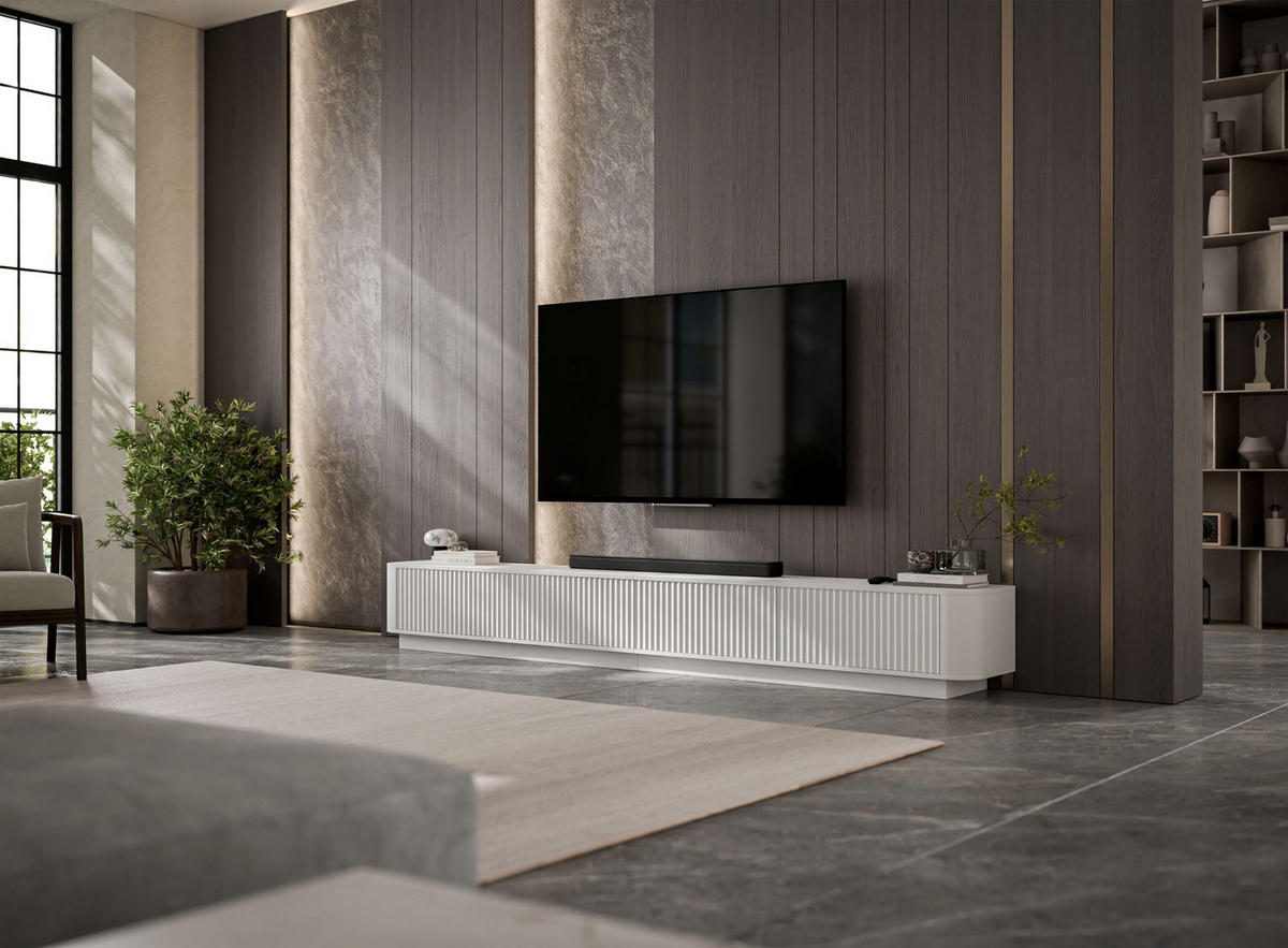 TV omarica Aurora, komplet 2 kosov s podstavkom, mat bela, 280 cm - bela, leseni material (280/37/35cm) - Meble Lindner
