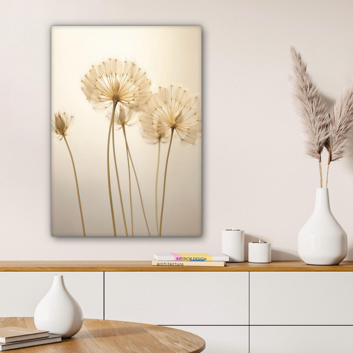 LEINWANDBILD Sonnenlicht - Löwenzahn - Botanisch - Blumen Wandbild Wohnzimmer 60x80 cm - Creme, Textil (60/80cm) - MuchoWow