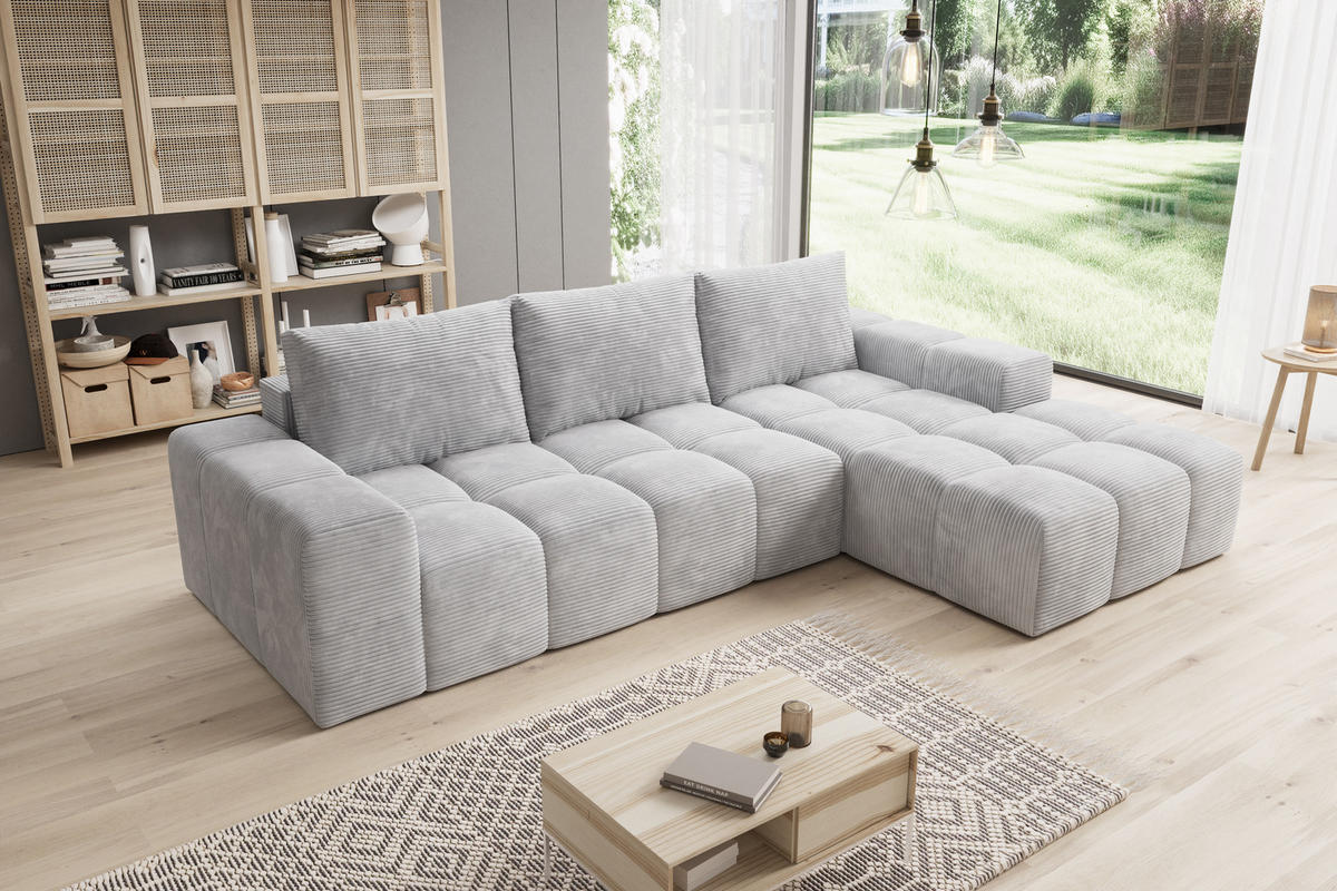 ECKSOFA Cento, L-Form, Ottomane Rechts, Cordstoff, 285x56x180 cm, Grau - Grau, Holz (250/180cm) - PROMETO Möbel