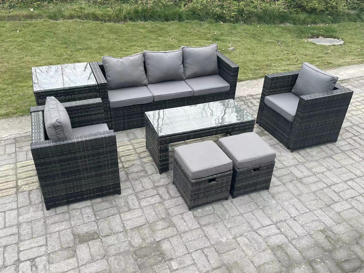 GARTENMÖBELSET mit Couchtisch Polyrattan 7-Sitzer - Dunkelgrau/Grau, Glas/Kunststoff - Fimous