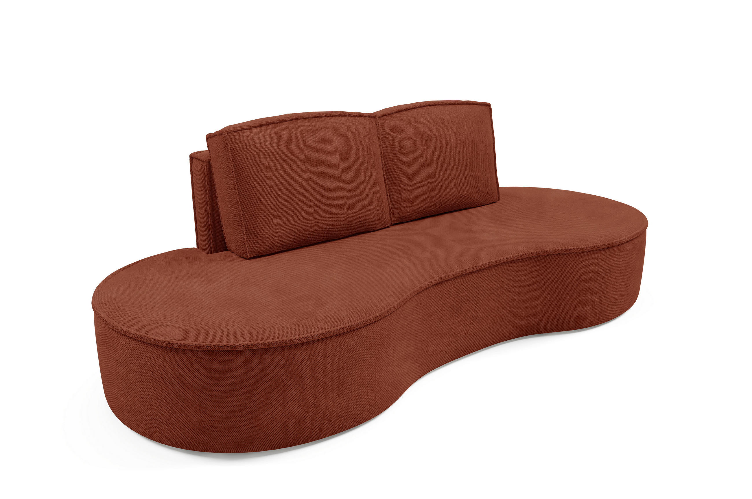 SOFA Molly – Freistehendes halbrundes Designsofa mit zwei eleganten, abnehmbaren RückenKissen, Curio Stoff, Größe: 234x101x88 cm, Braun - Rotbraun, Holz/Textil (234/88/101cm) - DomoHome