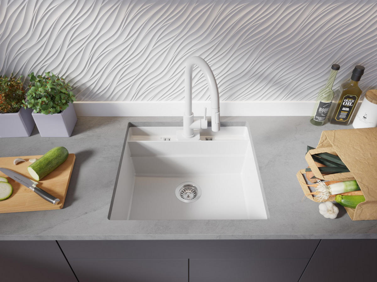 UNTERBAUSPÜLE GRANIT Bergen Pocket, 2-er set Weiß 56/54 cm 1 Becken + Ablauf-Set + Küchenzubehörset ab 60er Unterschrank - Chromfarben/Beige, Kunststoff (56/20/54cm) - Primagran