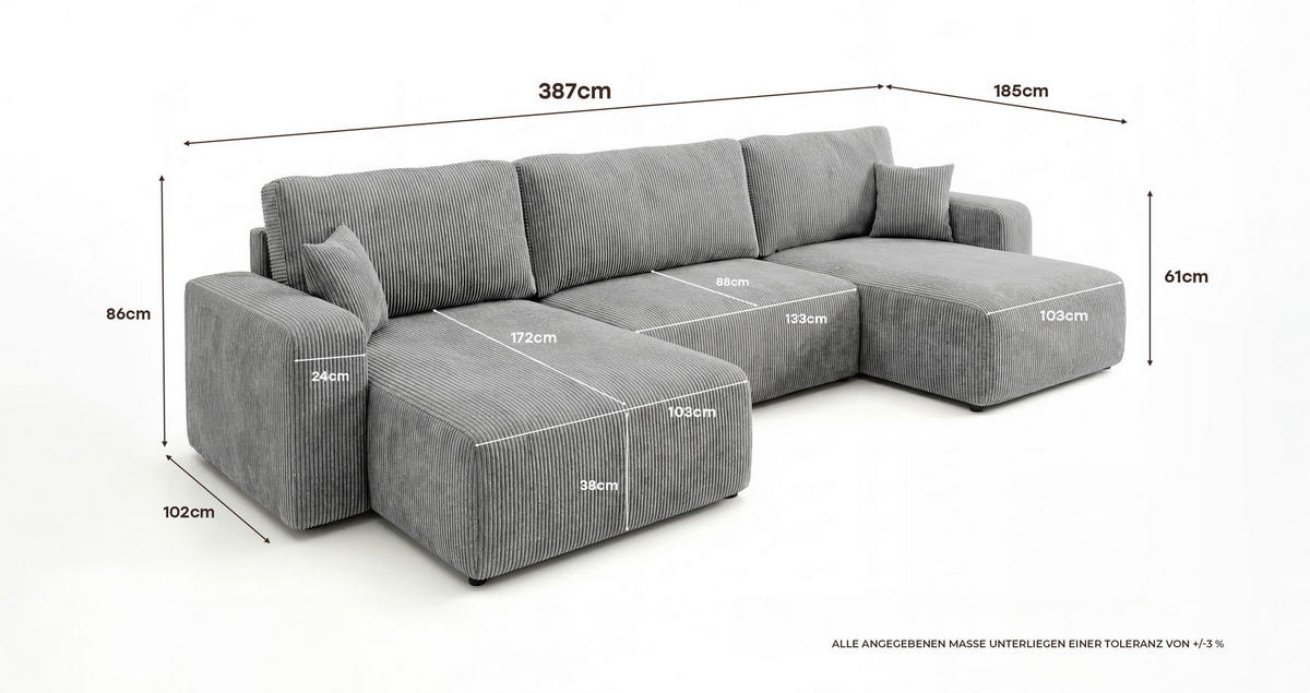 WOHNLANDSCHAFT BERLIN U-Form grau Cord Poso 55 - Schlaffunktion, Bettkasten - Grau, Textil (385/86/185cm) - Cornero