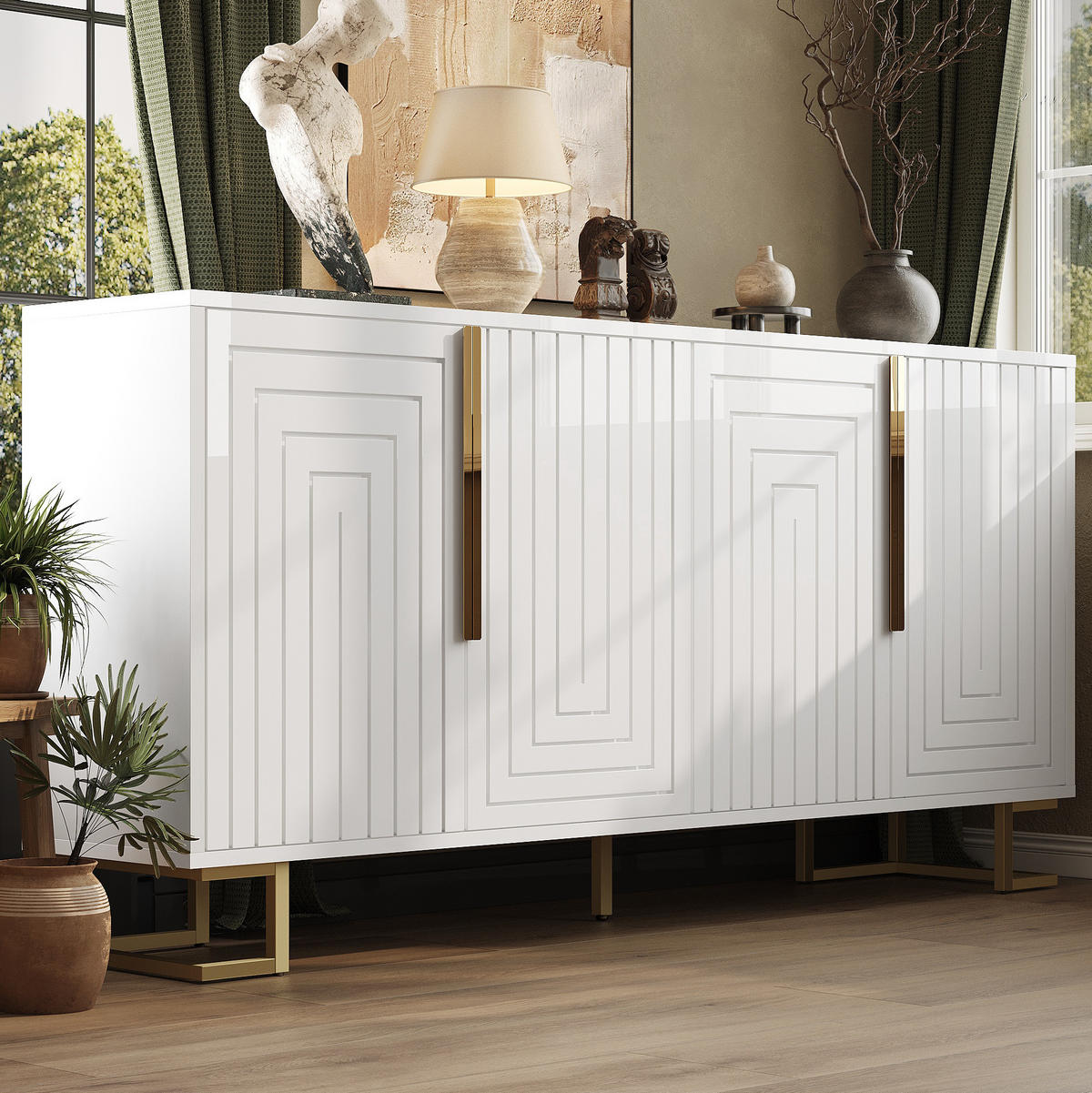 SIDEBOARD 152/40/75 cm mit 2 Türen, 4 Fächern und Kippschutz, MDF, Weiß - Weiß, Holzwerkstoff (152/75/40cm) - Redom