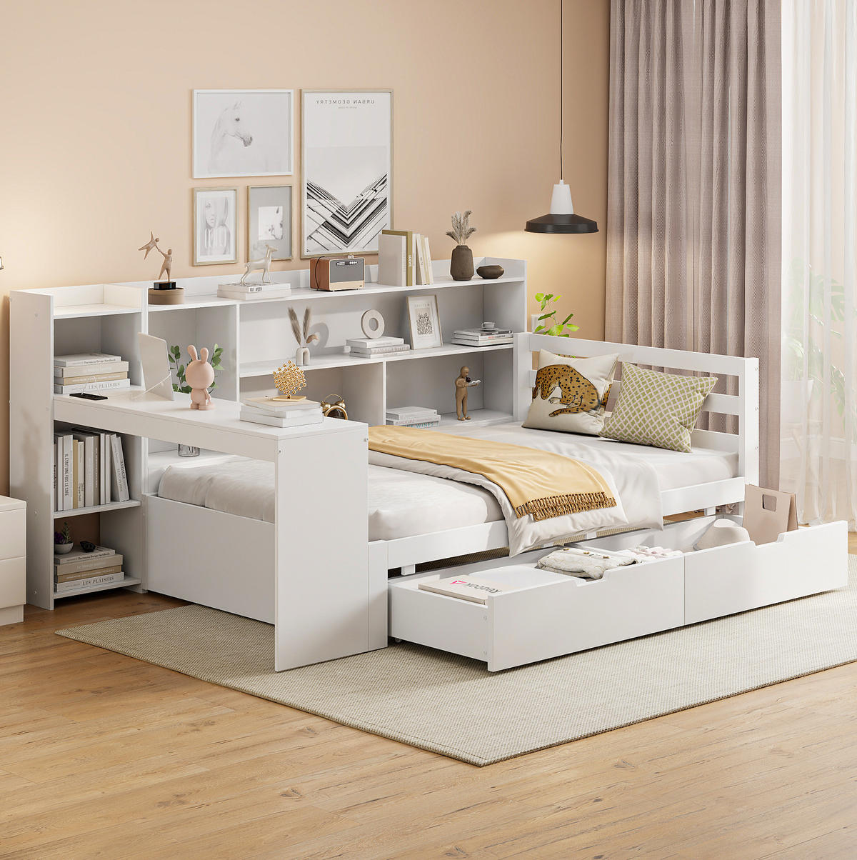 BETT 90/200 cm aus Massivholz mit Schreibtisch, Regalen und 2 Schubladen - Weiß, Holzwerkstoff (90/200cm) - BEAOK