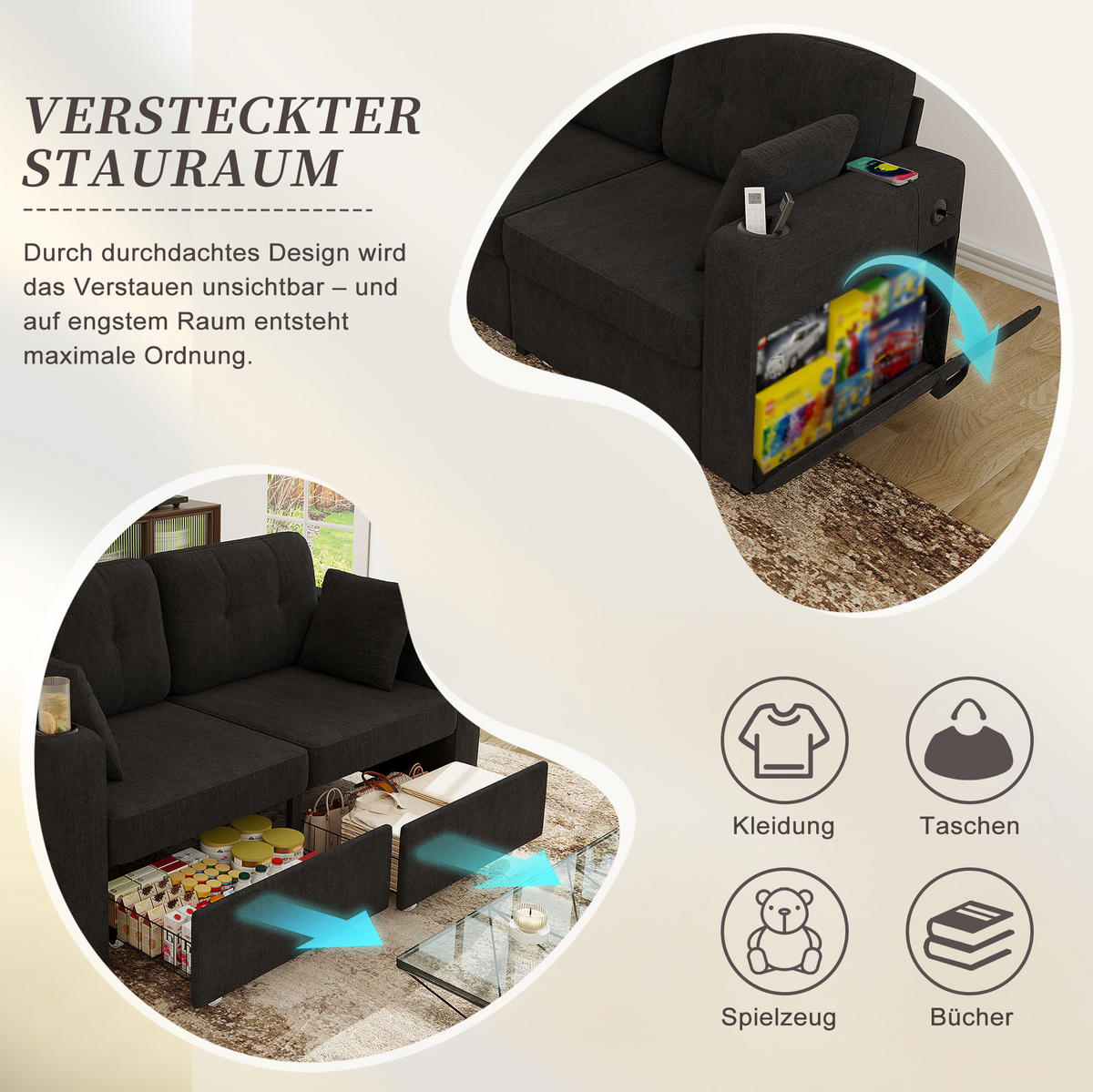 2-SITZER Sofa aus Chenille 172x75x82 cm in Schwarz mit USB & Stauraumschubladen - Schwarz, Textil (75/82/172cm) - Modfu