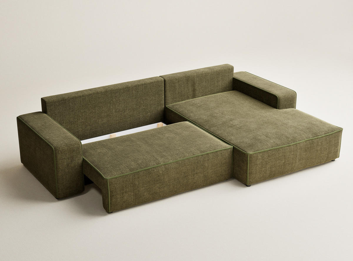 ECKSOFA MIT SCHLAFFUNKTION Modo Hellblau Chenille-Stoff - Rechts Seite - Schwarz/Olivgrün, Holz/Holzwerkstoff (294/185cm) - Maison de Reve
