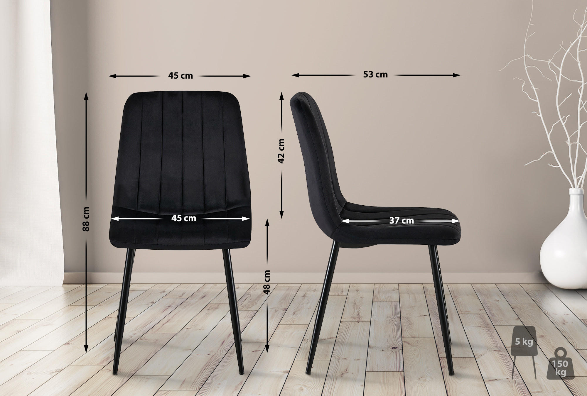 STUHL 4er Set Samt Schwarz - Schwarz, Textil/Metall (45/88/53cm) - CLP
