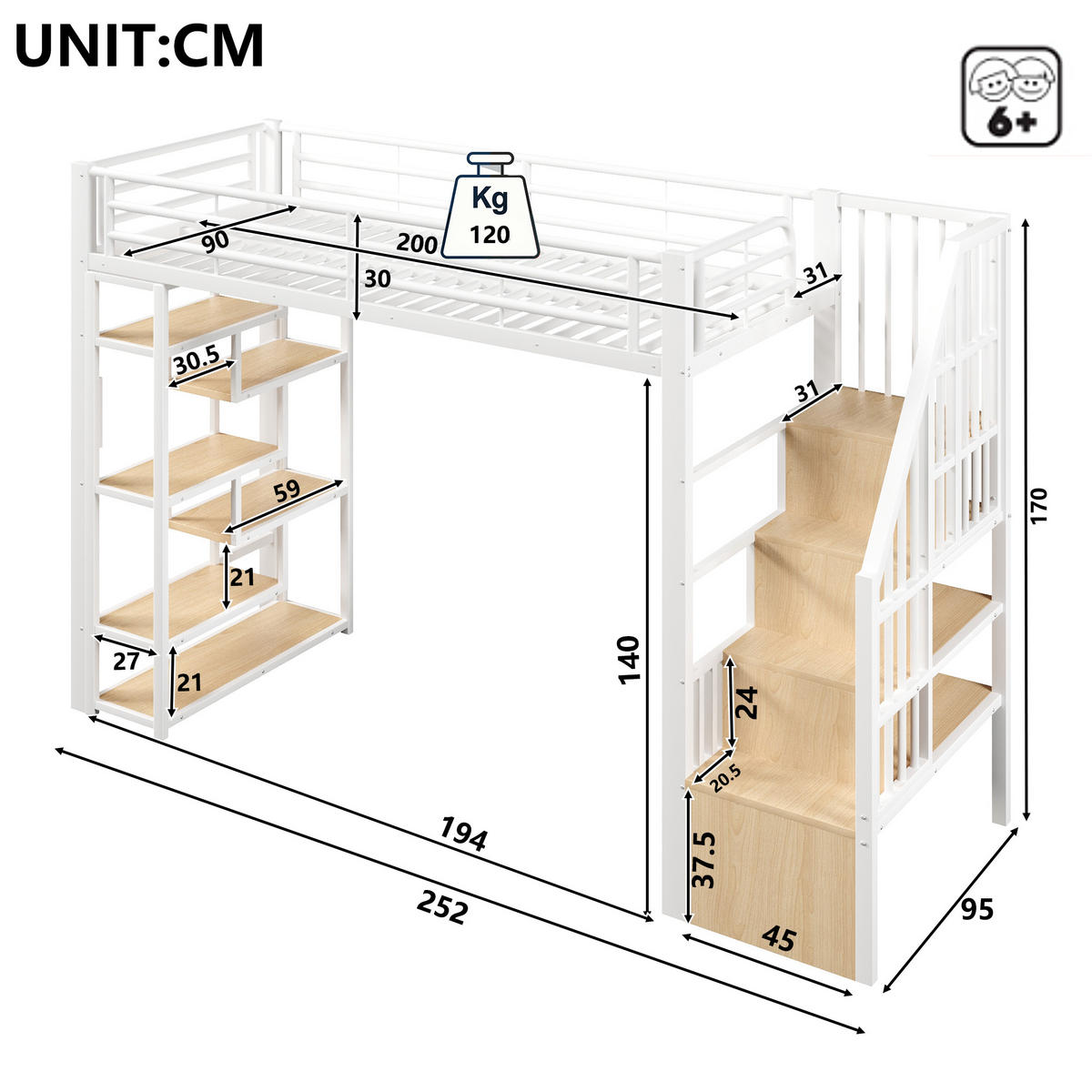 HOCHBETT 90x200cm, Eisen, Ablage, Stufen, Geländer, LED, Stauraum, ohne Matratze, Weiß - Weiß, Holzwerkstoff (90/200cm)