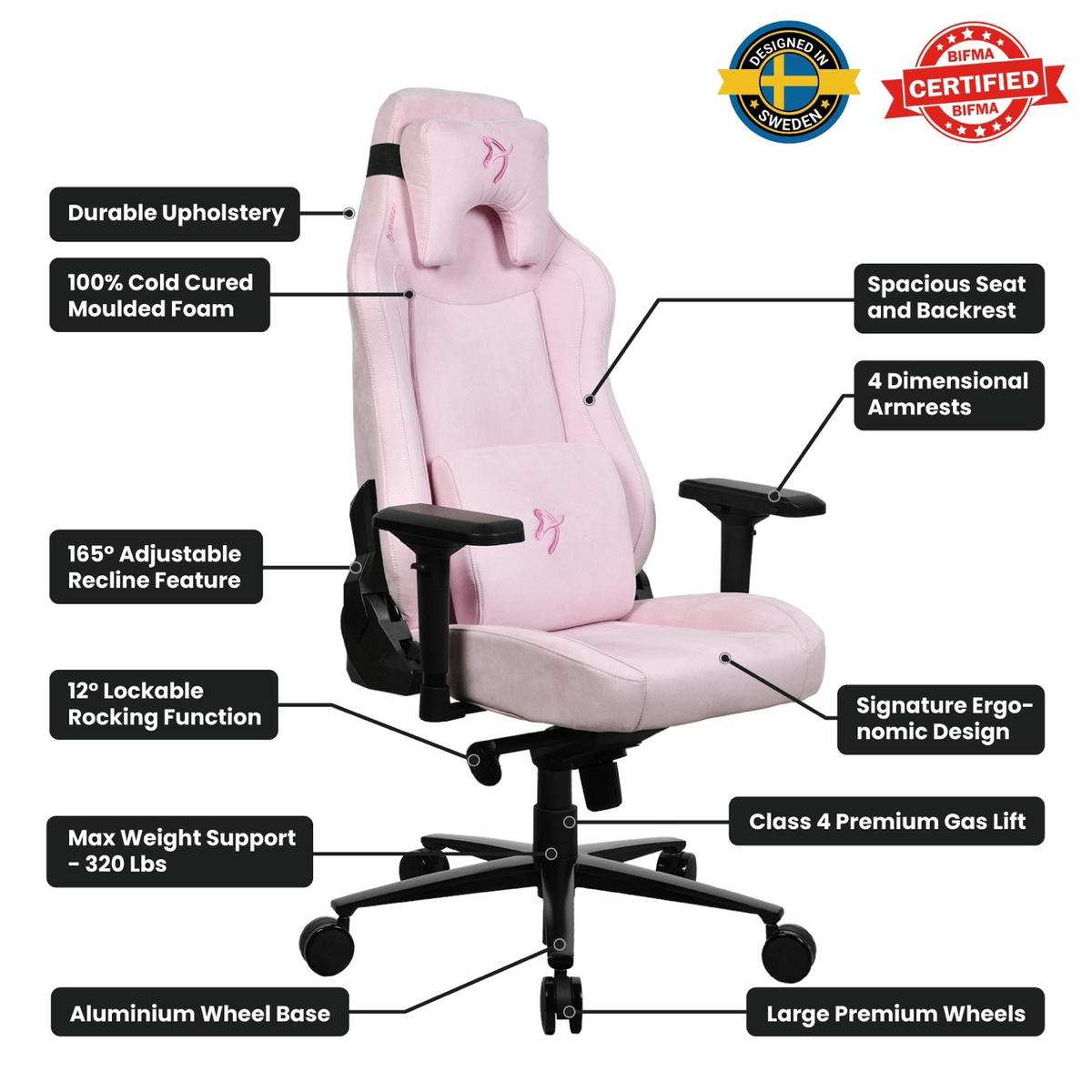 GAMINGSTUHL Vernazza Supersoft™ Stoff Rosa - Pink/Schwarz, Textil/Metall (68/135/50cm) - Arozzi