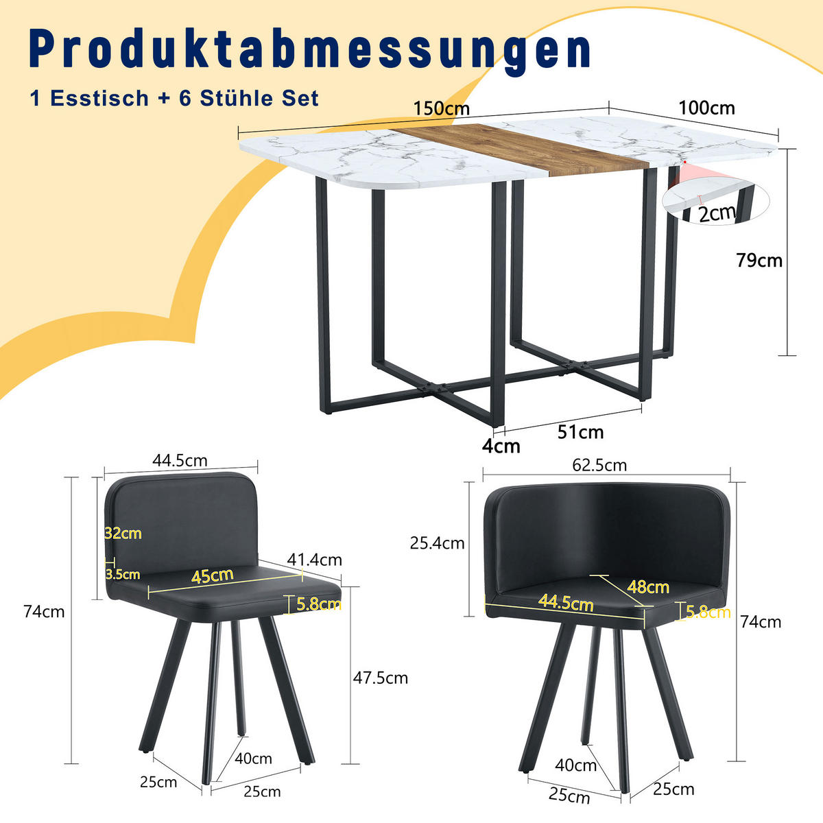 ESSGRUPPE DE-39497 ausziehbar, mit 4 Stühlen und Metallrahmen Weiß/Schwarz - Schwarz/Weiß, Holzwerkstoff (150/79/100cm) - ComfortXL