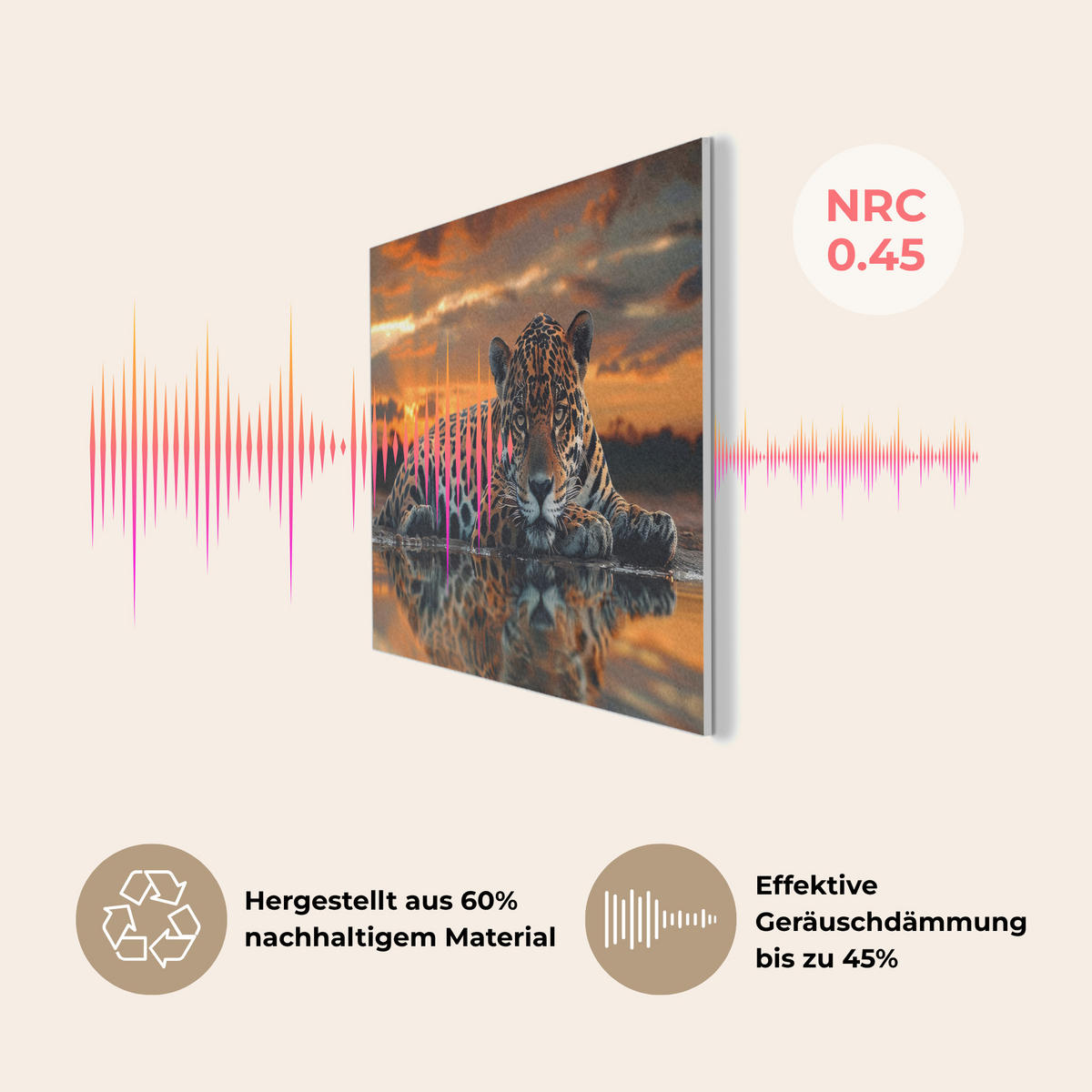 AKUSTIKBILD Natur - Leopard - Tier - Sonnenuntergang - Modern Akustikpaneele 90x60 cm - Orange, Kunststoff (90/60/0.9cm) - MuchoWow