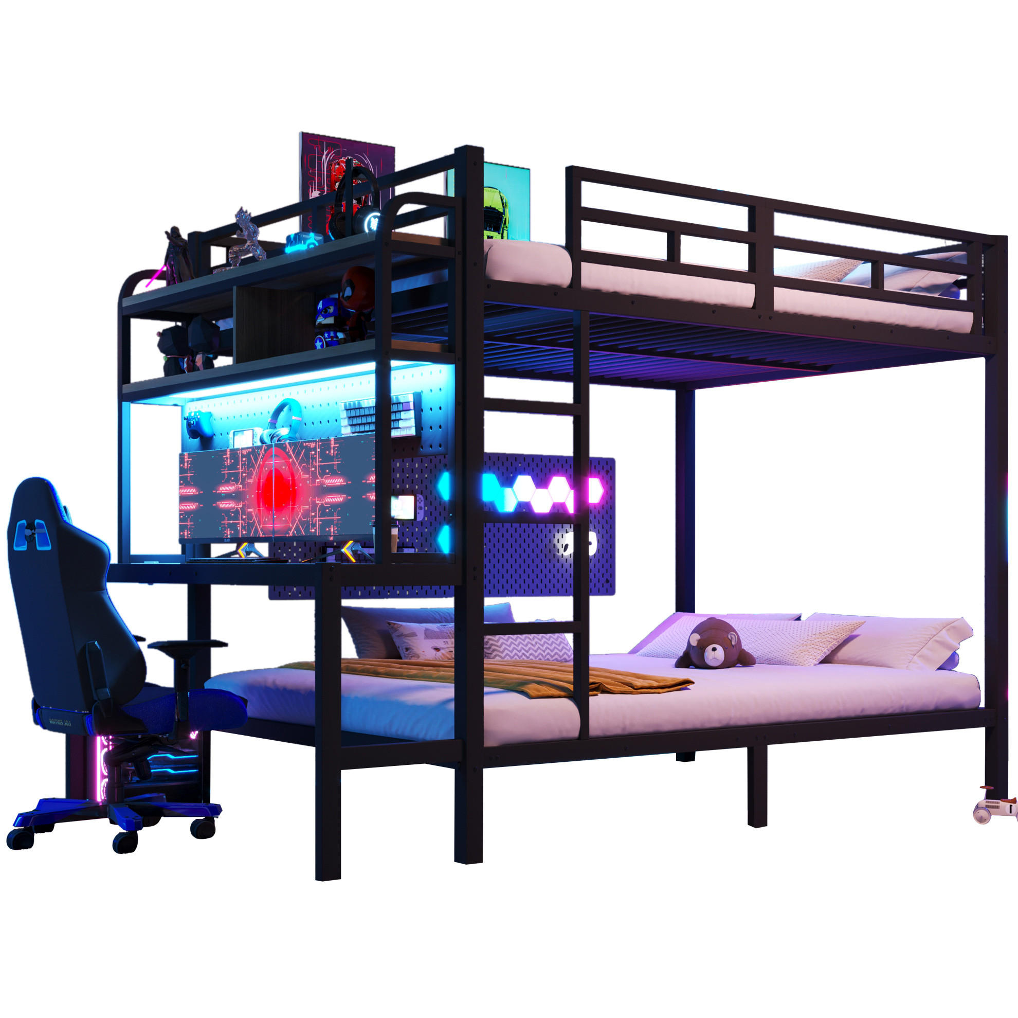 ETAGENBETT 140/200 cm Schwarz mit LED, USB-Anschluss und Schreibtisch - Schwarz, Metall (140/200cm) - MIVRAY