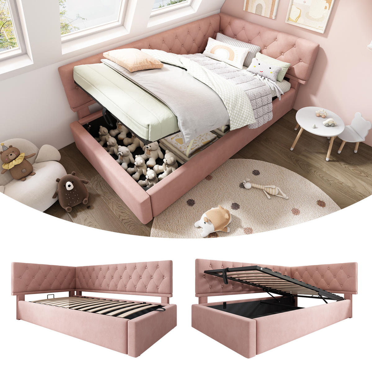 BETT mit hydraulischem Stauraum 90x190 cm Samt Rosa - Pink, Metall (90/190cm) - Beauniv