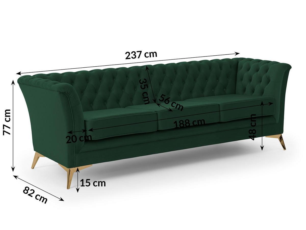 SITZGARNITUR 3+2+1 Chesterfield Whitby Flaschengrün Samt mit goldenen Füßen - Dunkelgrün/Goldfarben, Holz/Textil (237/78/82cm) - S-Style Möbel