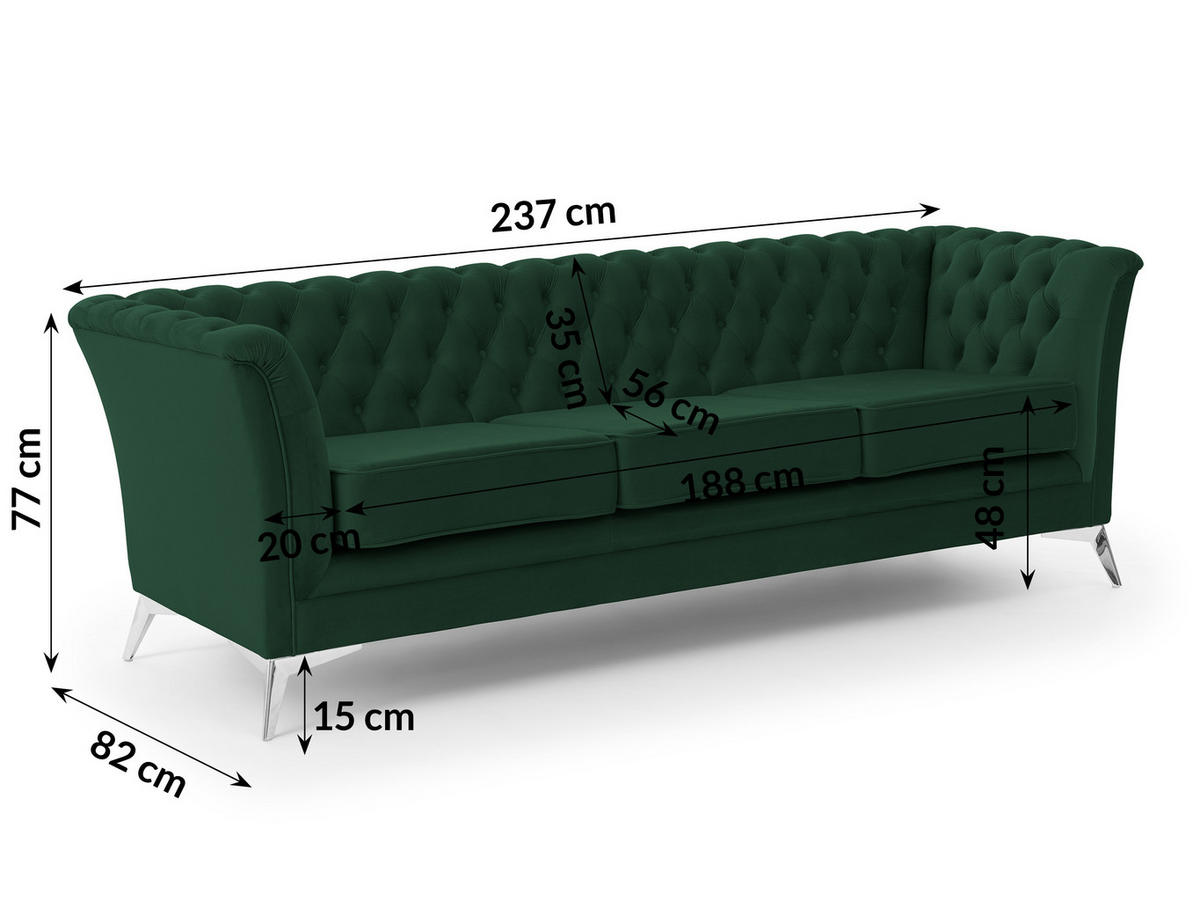 SITZGARNITUR 3+2 Chesterfield Whitby Flasche Grün Samt mit silbernen Füßen - Dunkelgrün/Silberfarben, Holz/Textil (237/78/82cm) - S-Style Möbel