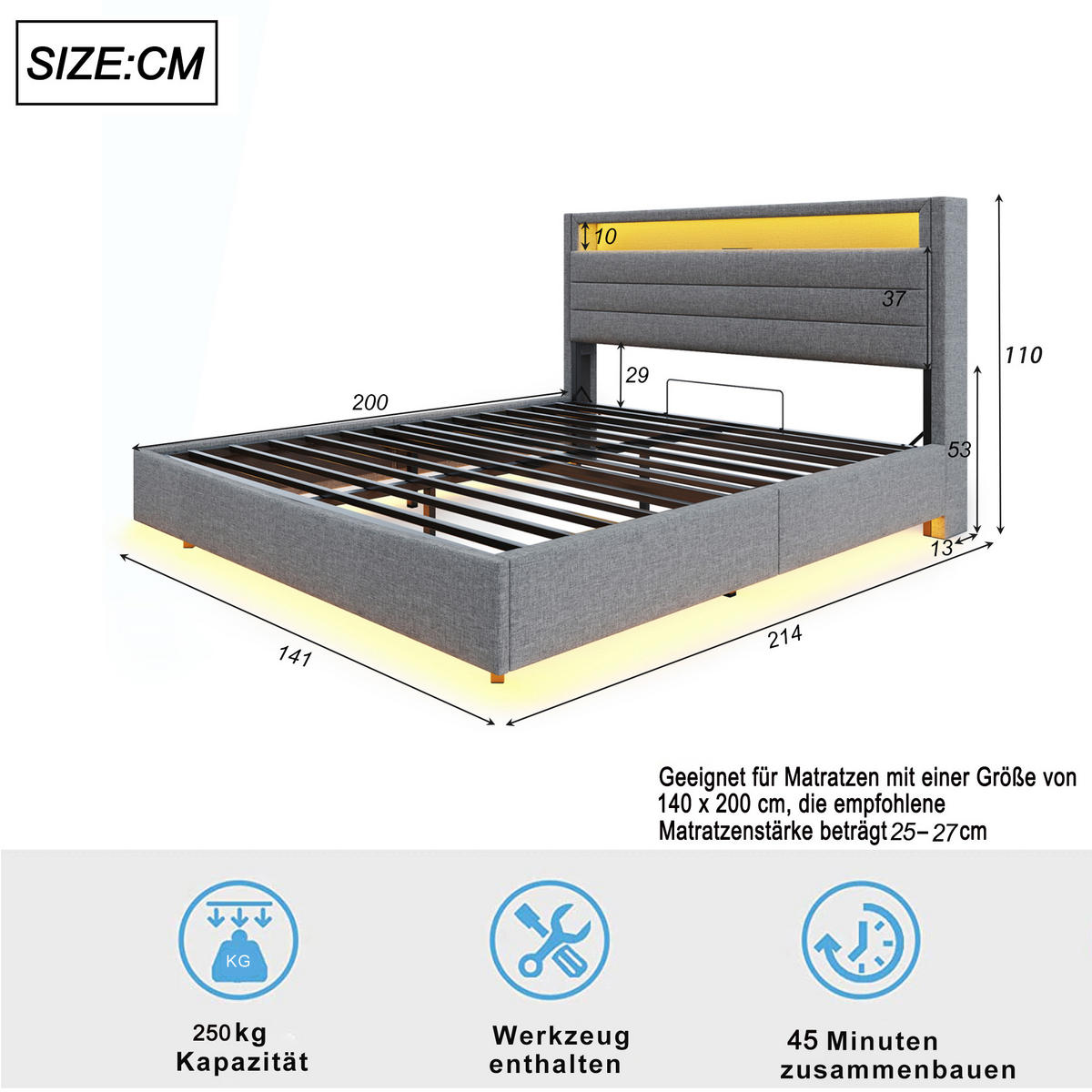 POLSTERBETT 140/200 cm grau mit hydraulischem Stauraum und USB-Steckdose - Grau, Textil (140/200cm) - OKWISH
