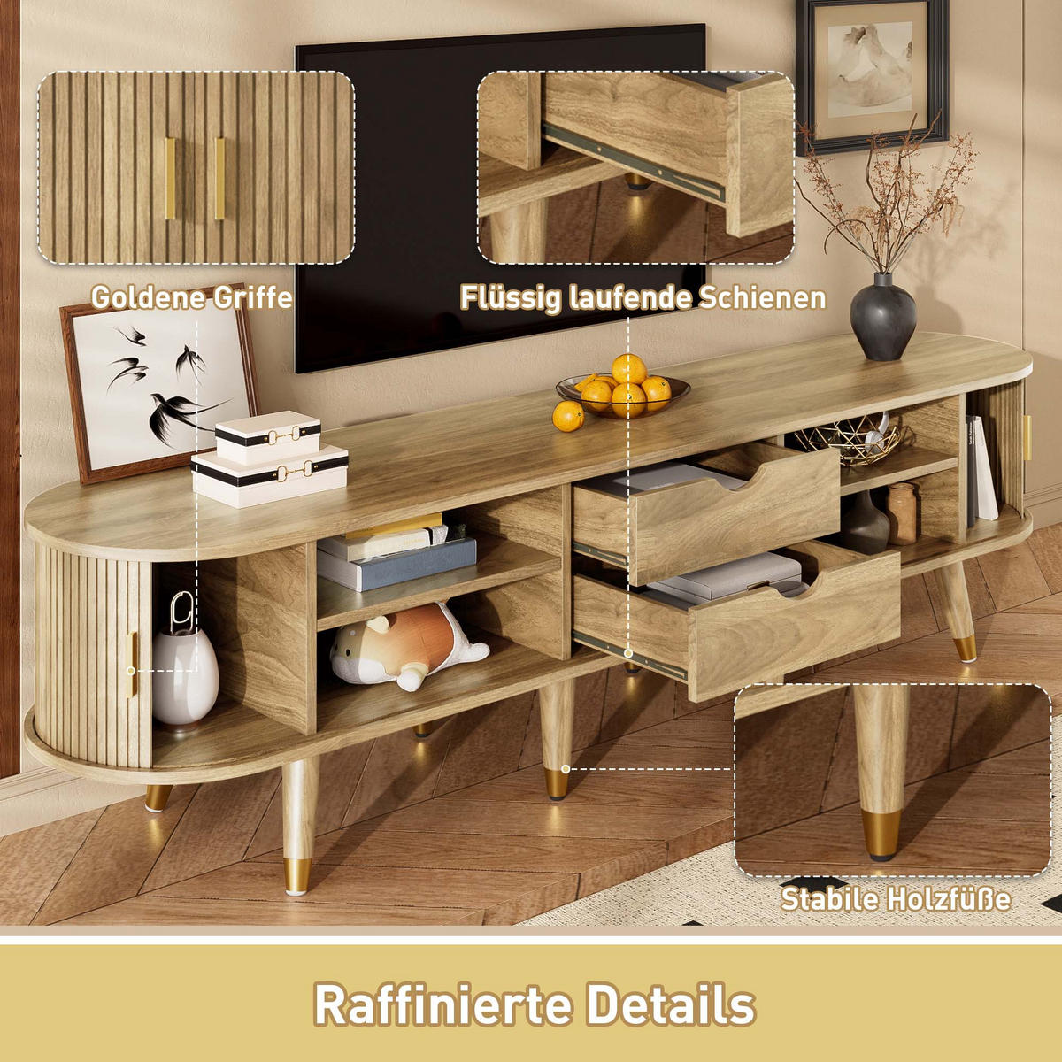 TV-LOWBOARD Oval 175 cm in Eiche-Optik - Eichefarben, Holzwerkstoff (175/45/38cm) - Urban Meuble