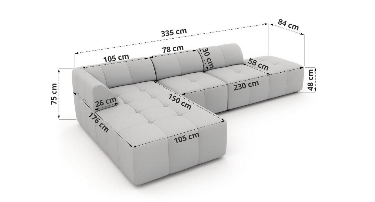 ECKSOFA GRIDA 3M L Beige Velvet - Links - Beige/Schwarz, Kunststoff/Textil (335/176cm) - MKS