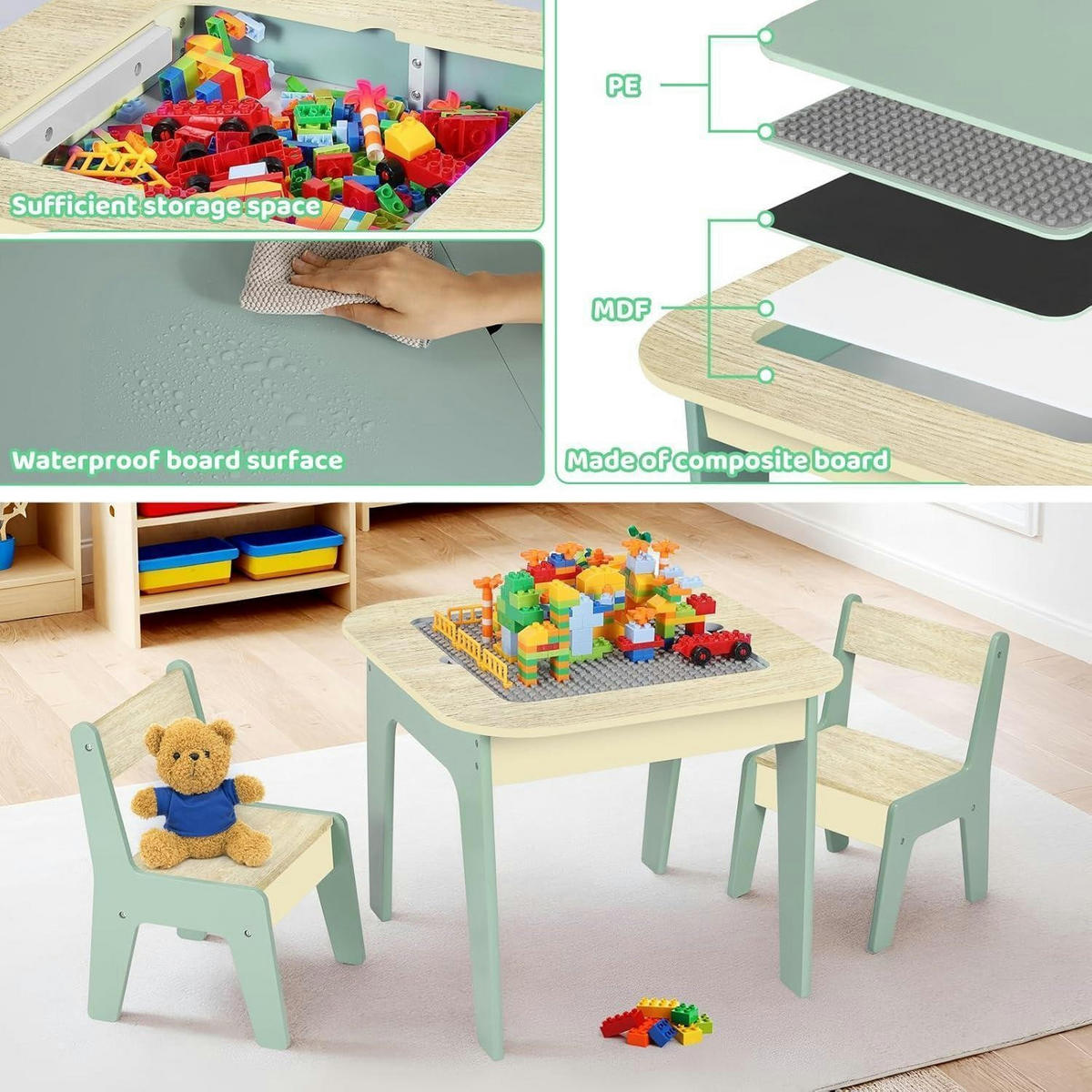 KINDERTISCH mit 2 Stühlen 4-in-1 Multifunktion Grün - Hellgrün, Holzwerkstoff (50/49/54cm)