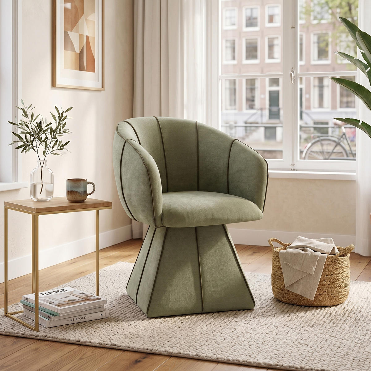 DREHSTUHL 360° Chenille Ergonomischer Sessel Wohnzimmer & Schlafzimmer - Olivgrün, Textil (56/74.5/54cm) - Urban Meuble